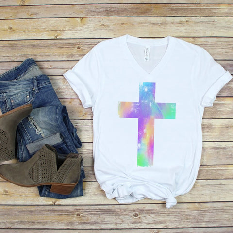 Watercolor Distressed Cross Soft V-Neck Tee