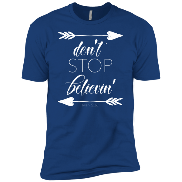 Don't stop believin' Mark 5:36 arrows tee shirt royal blue