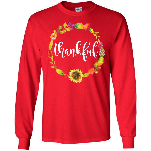 Thankful Floral Wreath Long Sleeve Tee Shirt Red