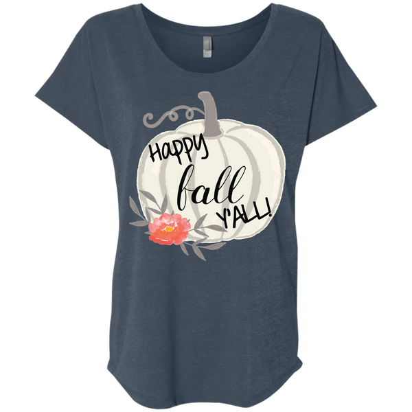 Happy Fall Y'all Watercolor Pumpkin Flowy Dolman Sleeve Tee Shirt Indigo
