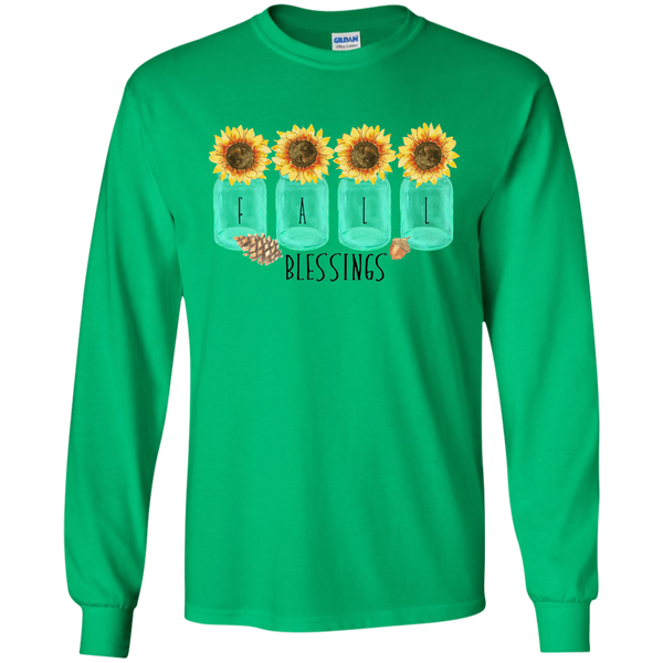 Mason Jar Sunflowers Fall Blessings Long Sleeve Tee Shirt Green