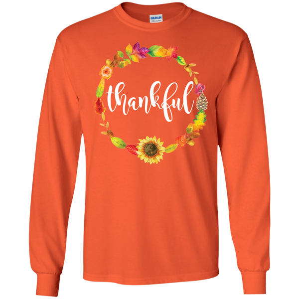 Thankful Floral Wreath Long Sleeve Tee Shirt Orange