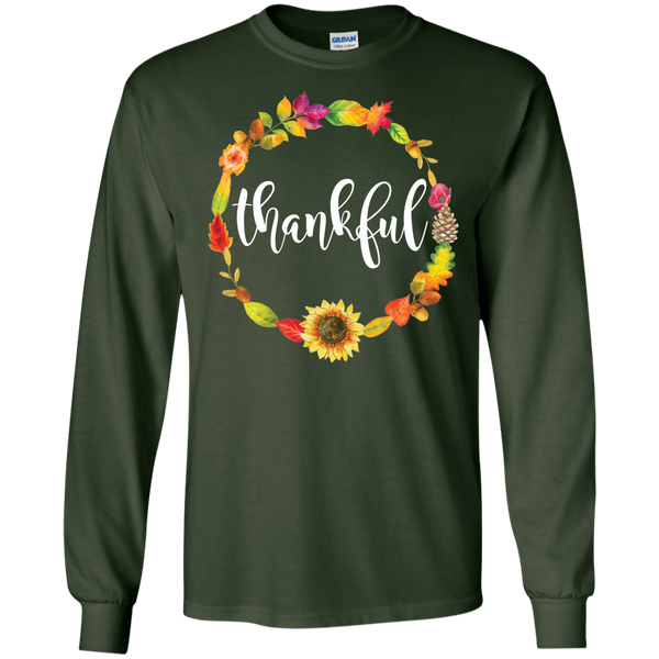 Thankful Floral Wreath Long Sleeve Tee Shirt Forest Green