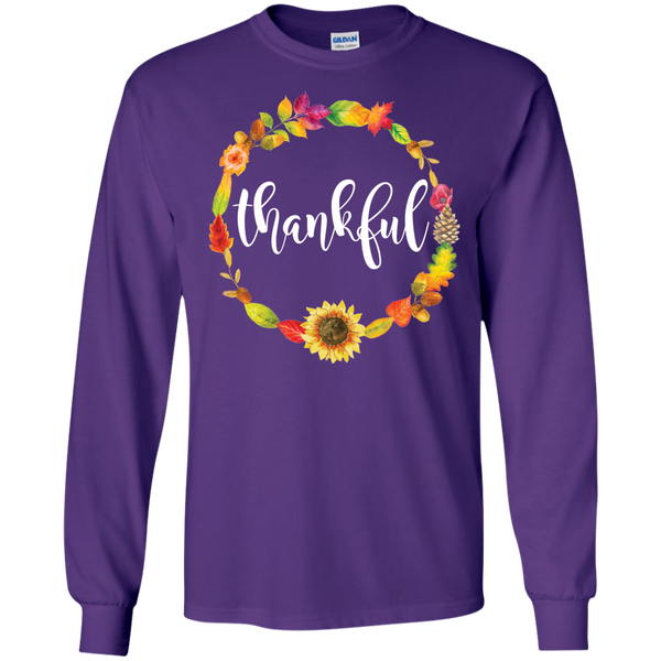 Thankful Floral Wreath Long Sleeve Tee Shirt Purple