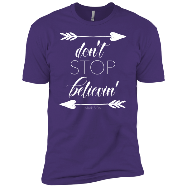 Don't stop believin' Mark 5:36 arrows tee shirt purple