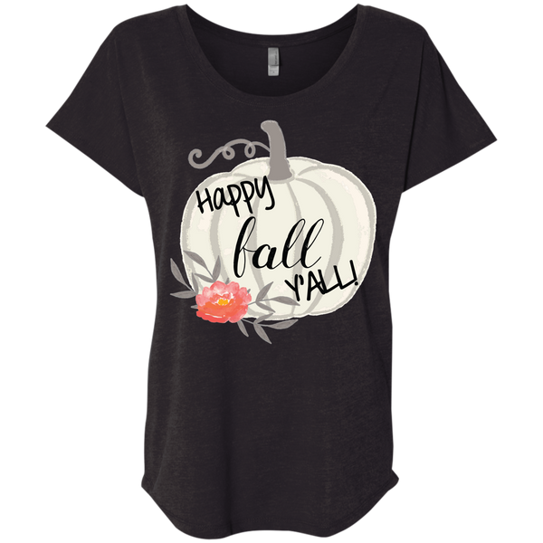 Happy Fall Y'all Watercolor Pumpkin Flowy Dolman Sleeve Tee Shirt Vintage Black